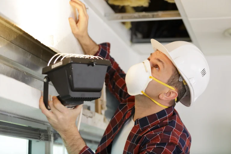 contractor using lamp to inspect the roof area of a house