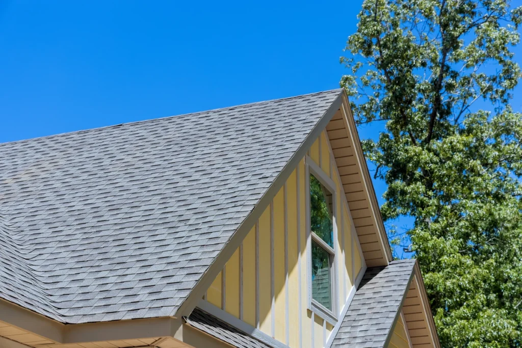 yellow vinyl siding on house with gray roof