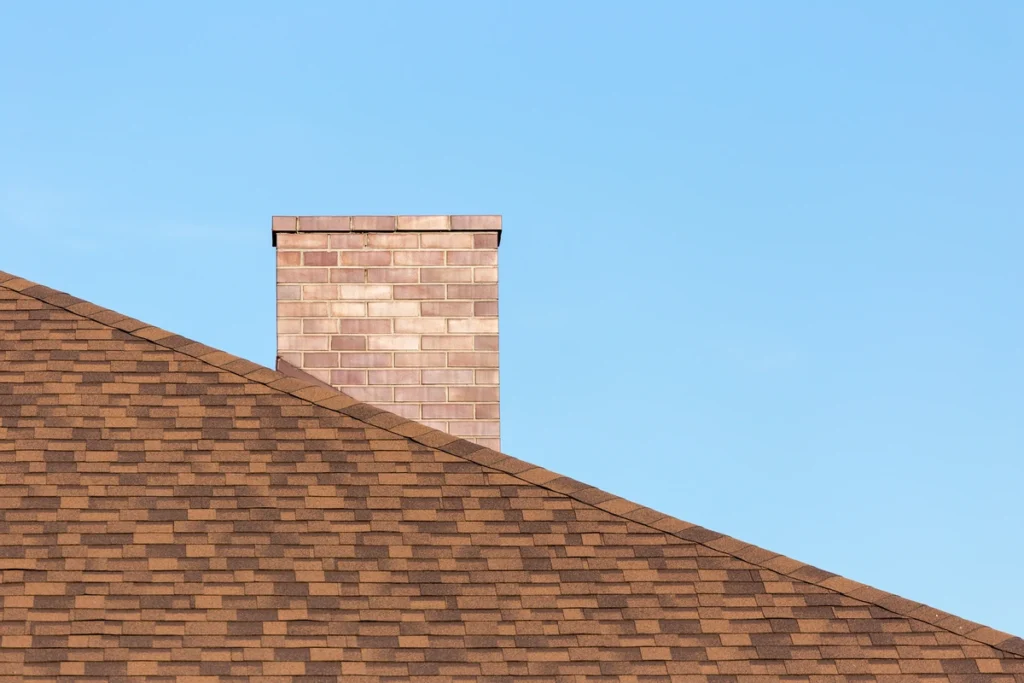 brown architectural shingle roof with chimney